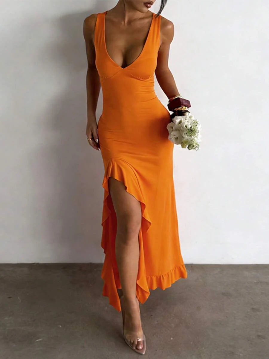 ROSÉVA – Asymmetrical Ruffle Hem V-Neck Maxi Dress