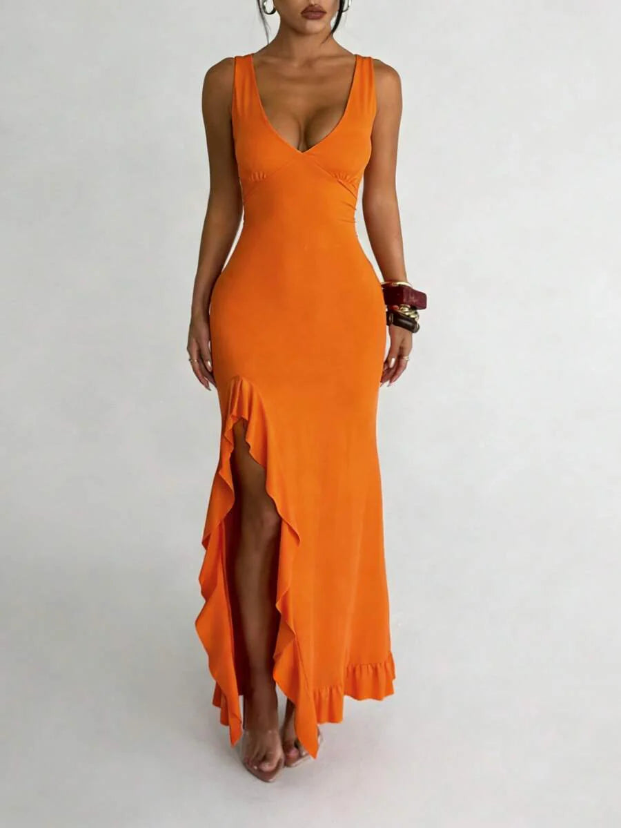 ROSÉVA – Asymmetrical Ruffle Hem V-Neck Maxi Dress Orange
