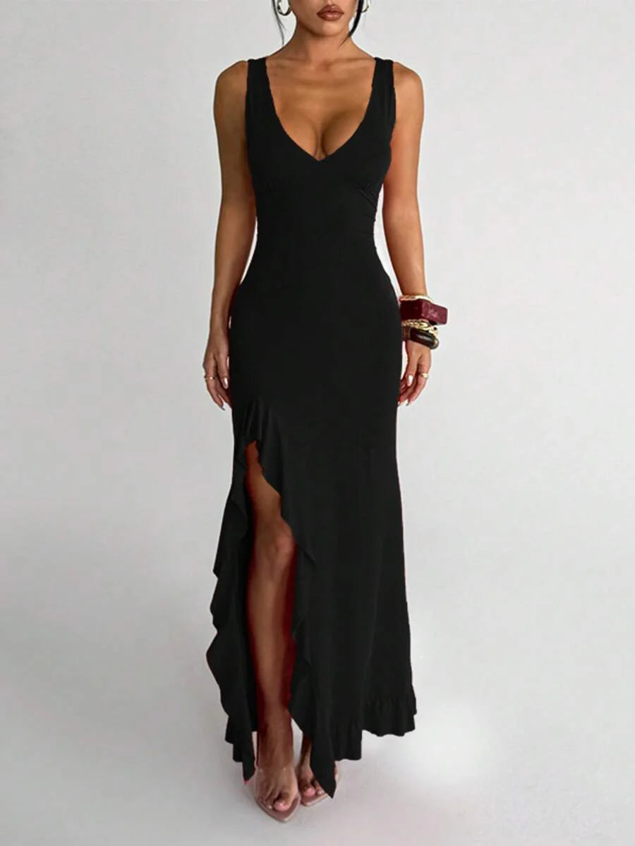 ROUGÉA – Asymmetrical V-Neck Backless Maxi Dress Black