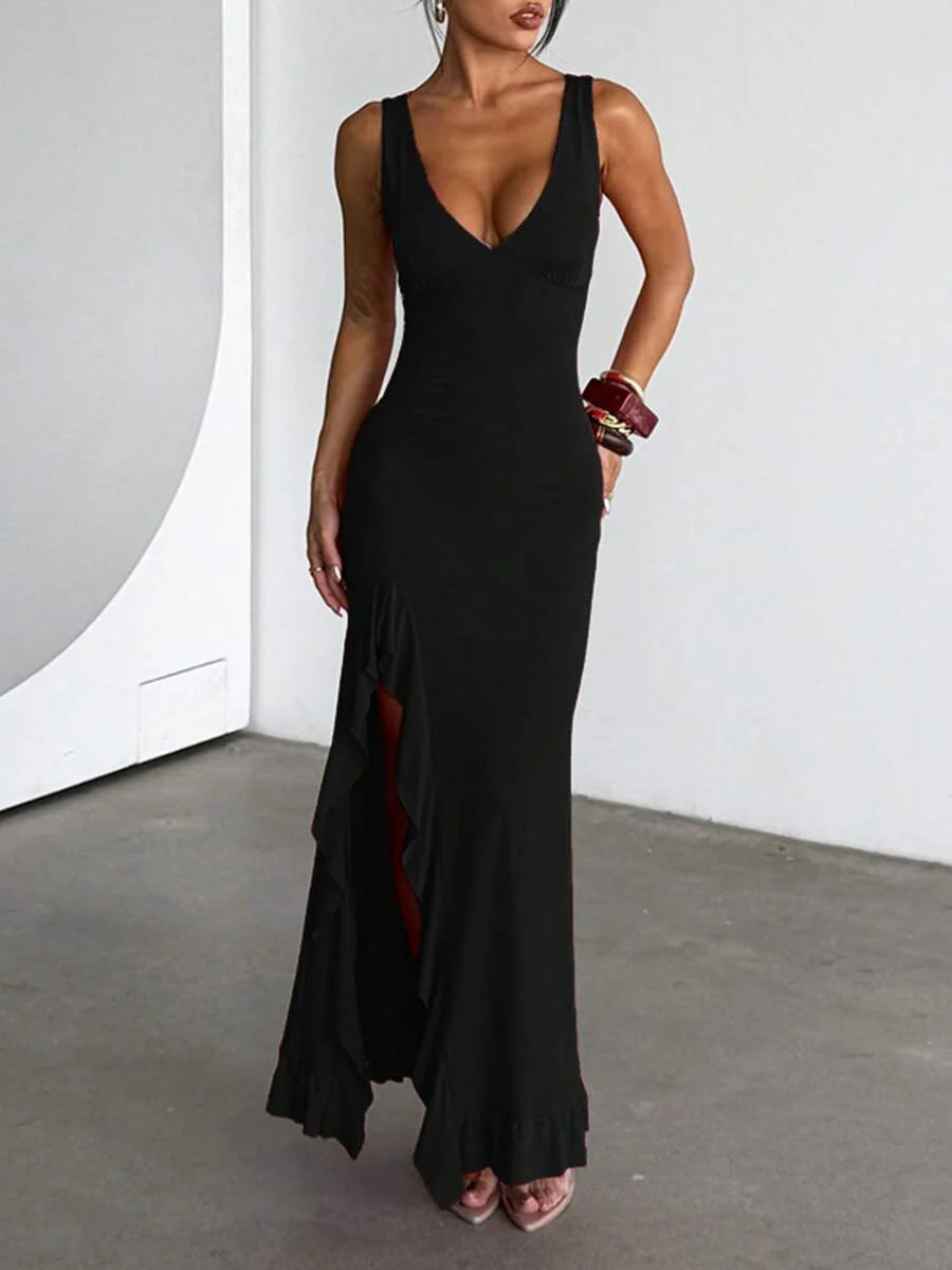 ROUGÉA – Asymmetrical V-Neck Backless Maxi Dress