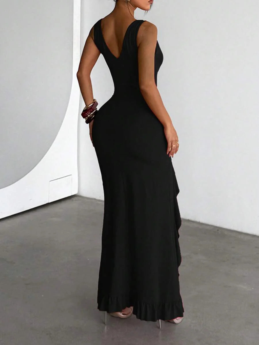 ROUGÉA – Asymmetrical V-Neck Backless Maxi Dress