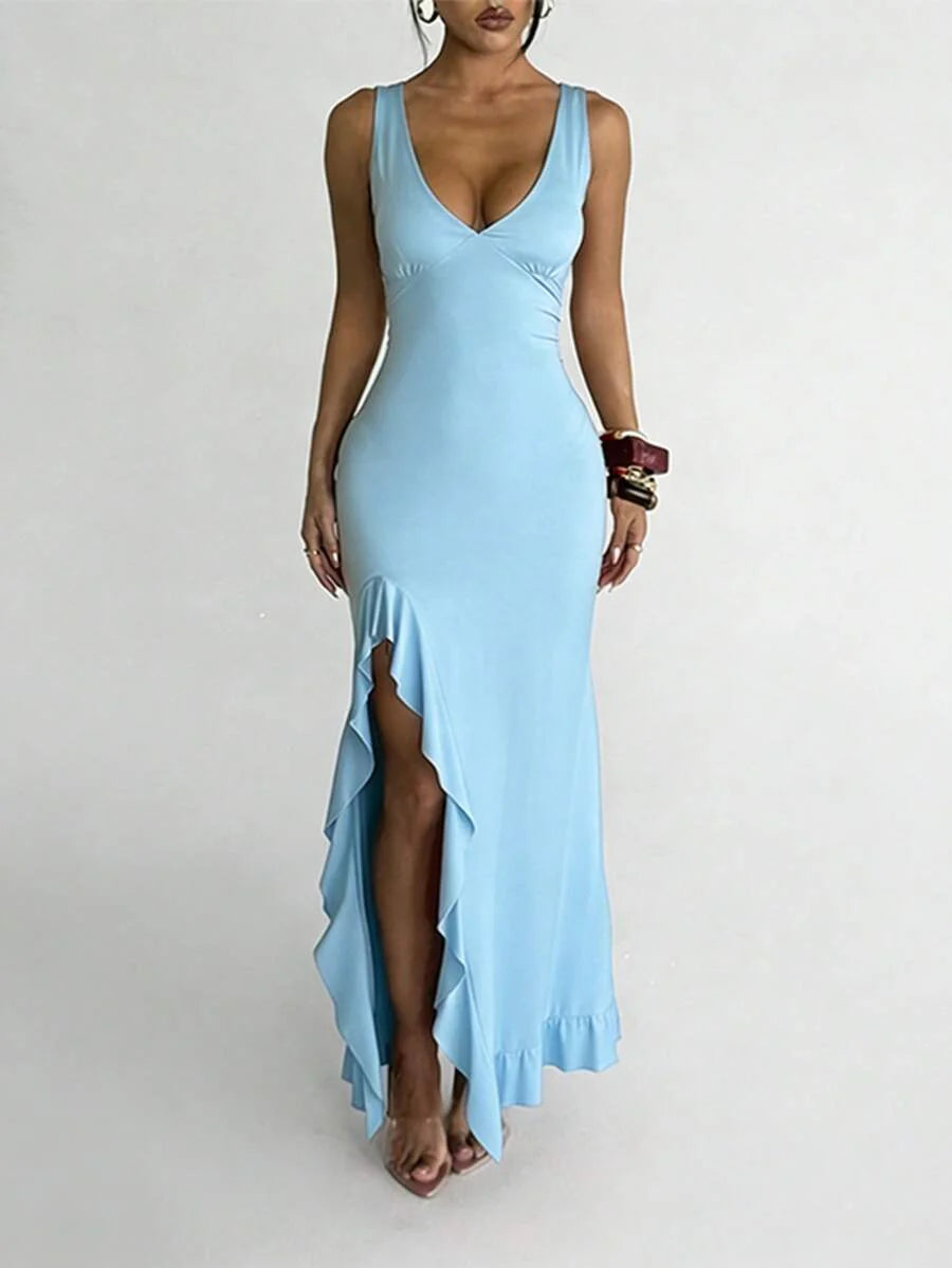 ROUGÉA – Asymmetrical V-Neck Backless Maxi Dress Blue
