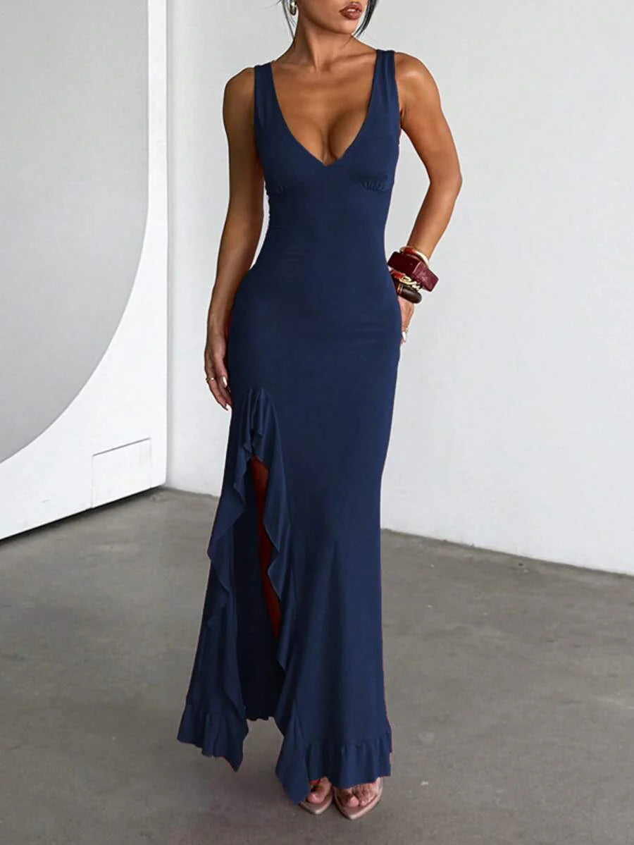 ROSÉVA – Asymmetrical Ruffle Hem V-Neck Maxi Dress
