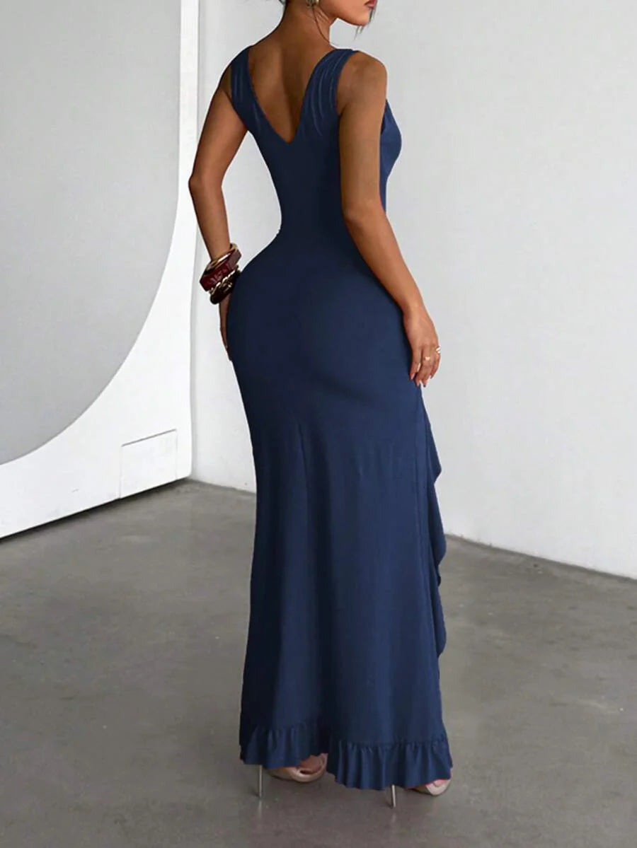 ROSÉVA – Asymmetrical Ruffle Hem V-Neck Maxi Dress