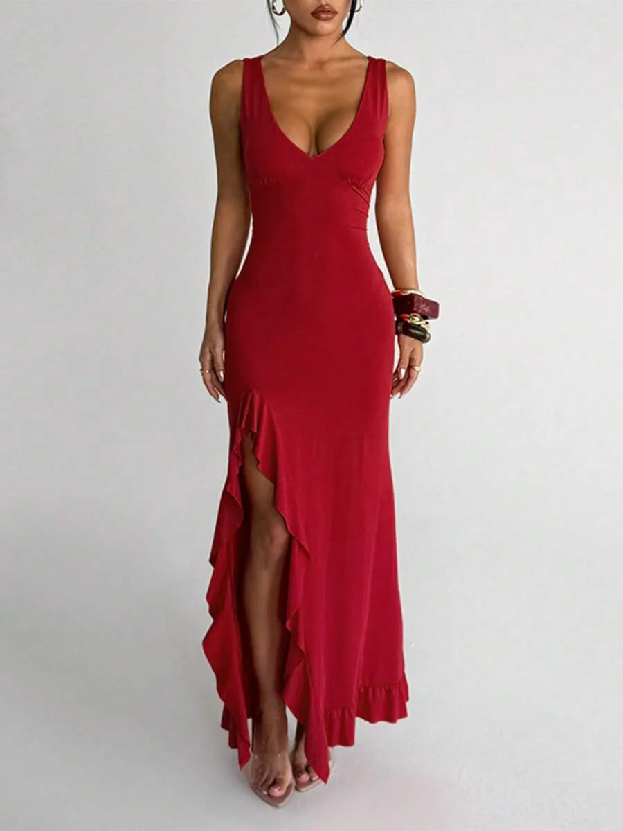 ROSÉVA – Asymmetrical Ruffle Hem V-Neck Maxi Dress Red