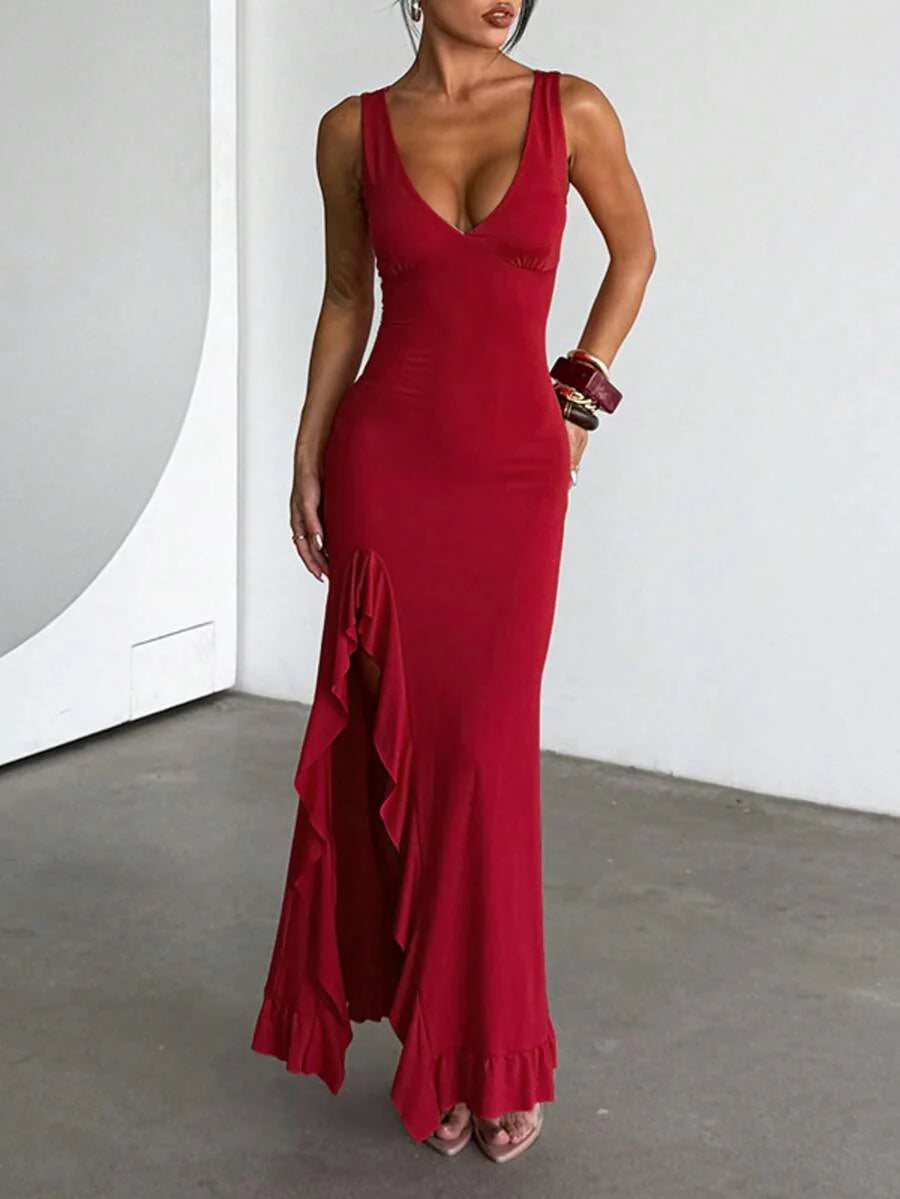 ROSÉVA – Asymmetrical Ruffle Hem V-Neck Maxi Dress