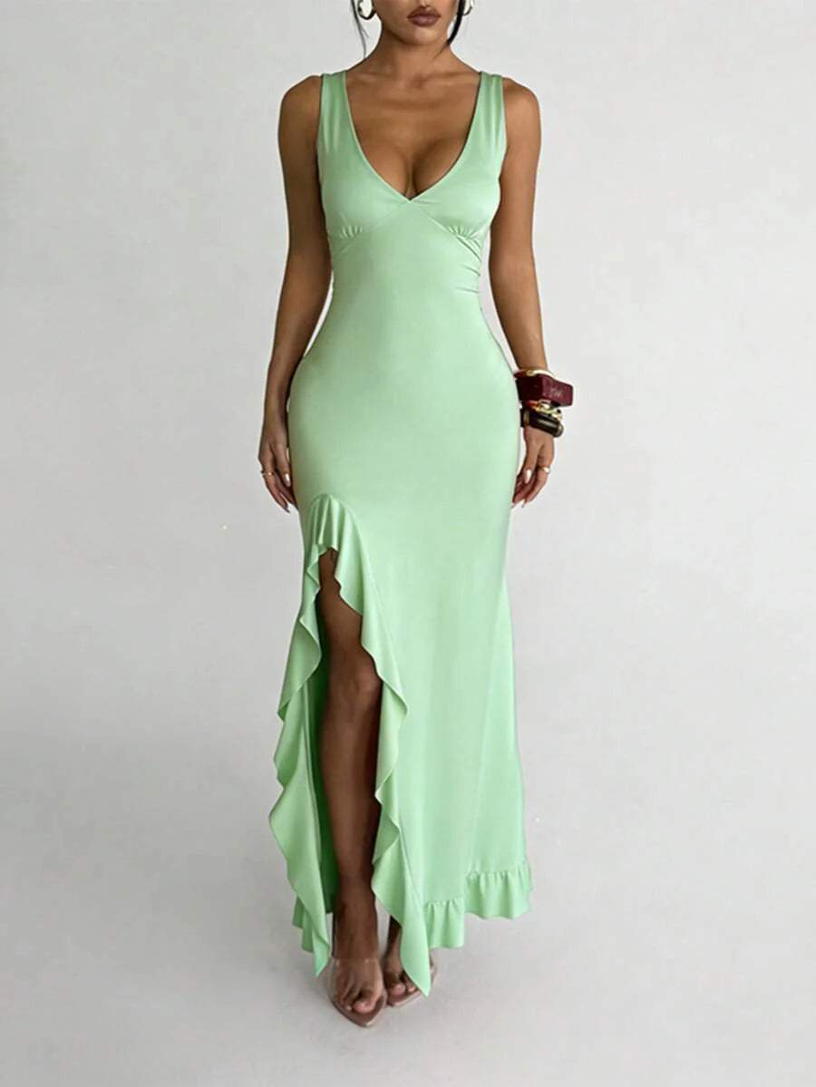 ROSÉVA – Asymmetrical Ruffle Hem V-Neck Maxi Dress Green