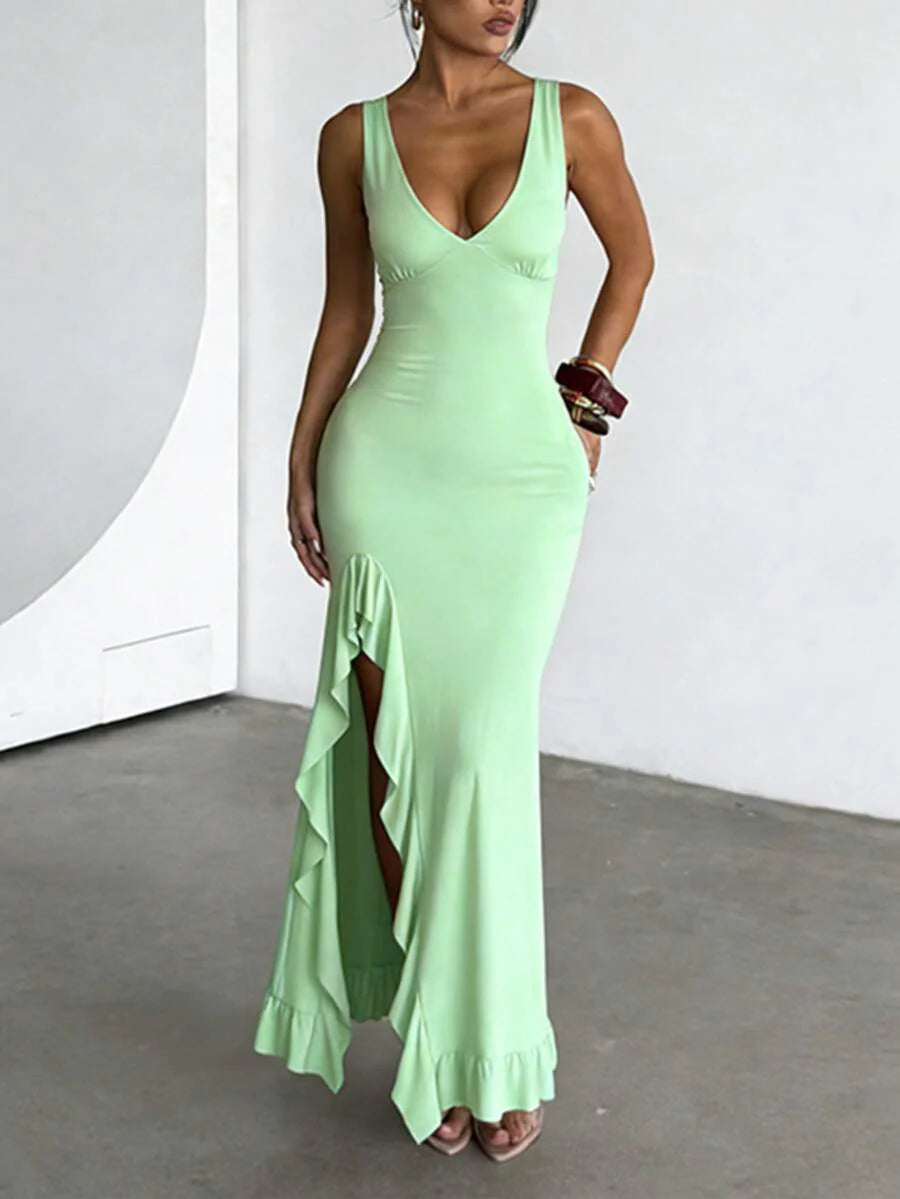 ROUGÉA – Asymmetrical V-Neck Backless Maxi Dress