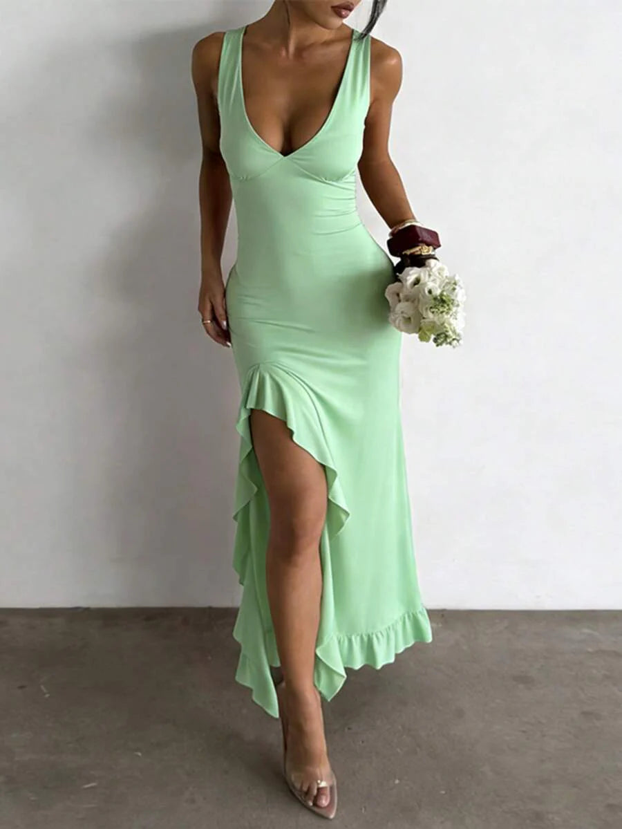 ROSÉVA – Asymmetrical Ruffle Hem V-Neck Maxi Dress