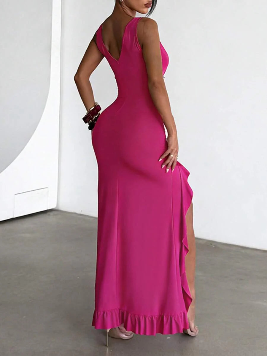 ROSÉVA – Asymmetrical Ruffle Hem V-Neck Maxi Dress