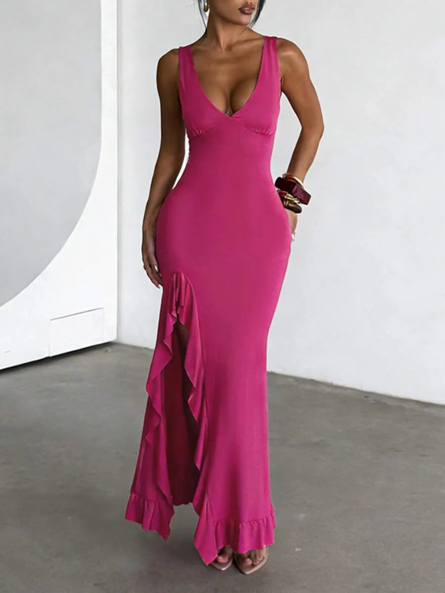 ROUGÉA – Asymmetrical V-Neck Backless Maxi Dress