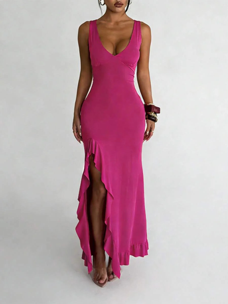 ROSÉVA – Asymmetrical Ruffle Hem V-Neck Maxi Dress Hot Pink
