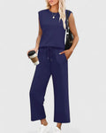 Dusty Blue Knit Tank & Drawstring Wide-Leg Pants Set