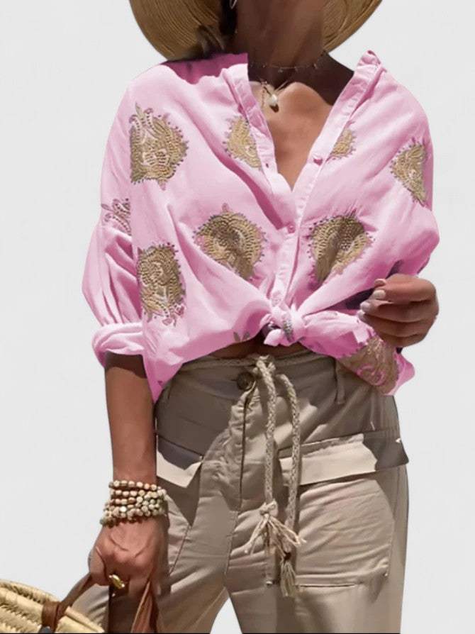 Sage Green Botanical Print Button-Down Blouse for Women