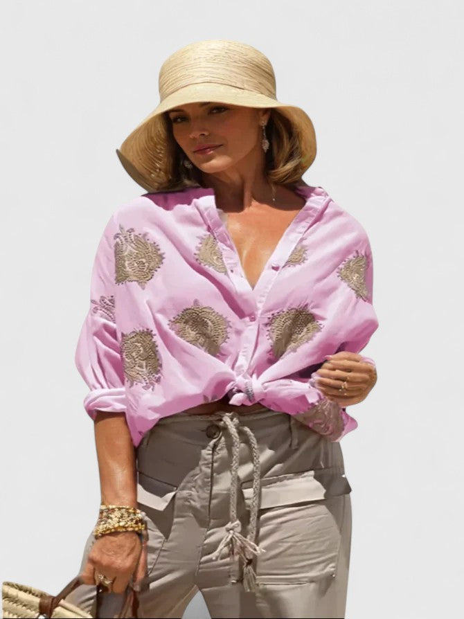 Sage Green Botanical Print Button-Down Blouse for Women