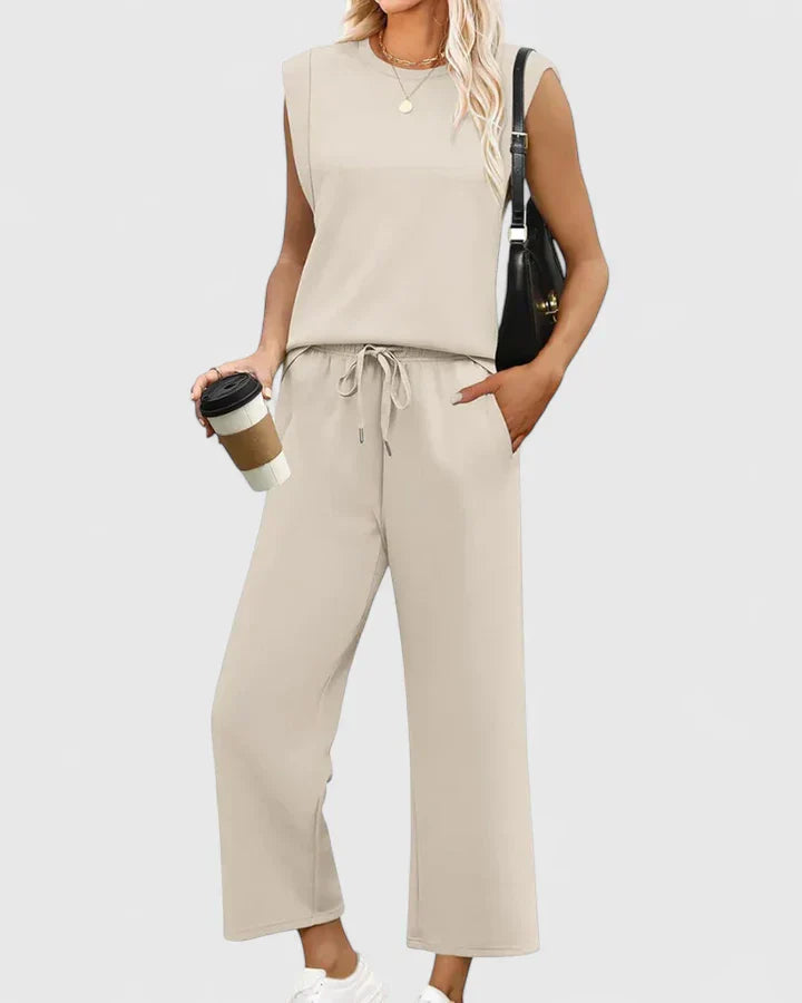 Dusty Blue Knit Tank & Drawstring Wide-Leg Pants Set