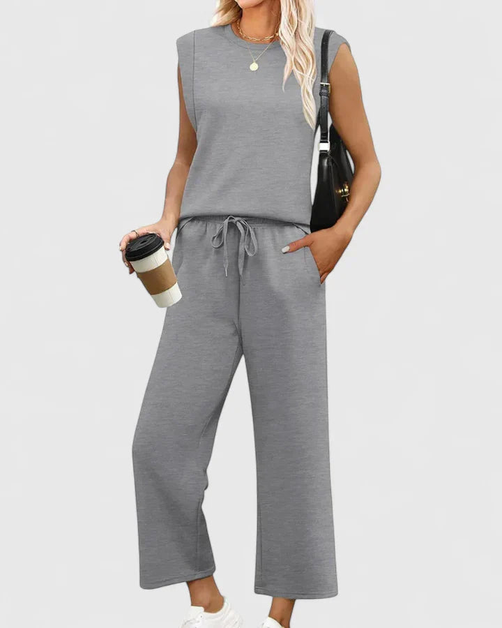 Dusty Blue Knit Tank & Drawstring Wide-Leg Pants Set