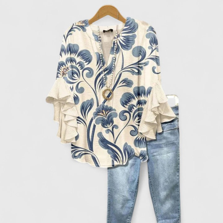 Cream Blue Floral Ruffle Bell Sleeve Notch Blouse