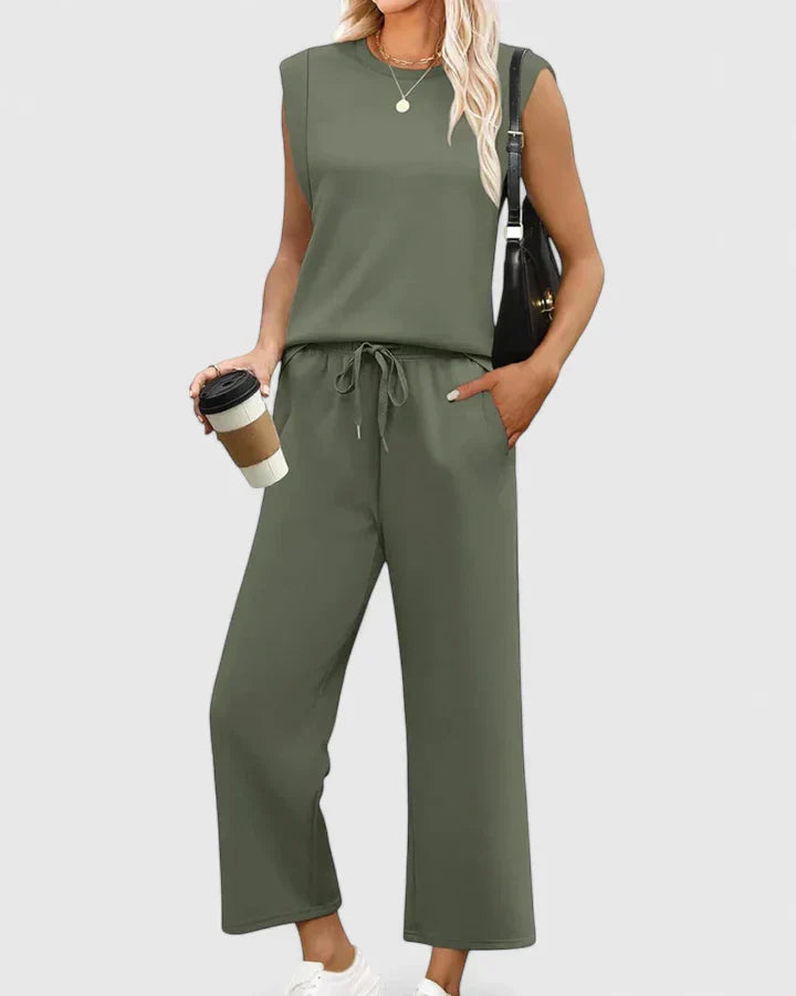 Dusty Blue Knit Tank & Drawstring Wide-Leg Pants Set