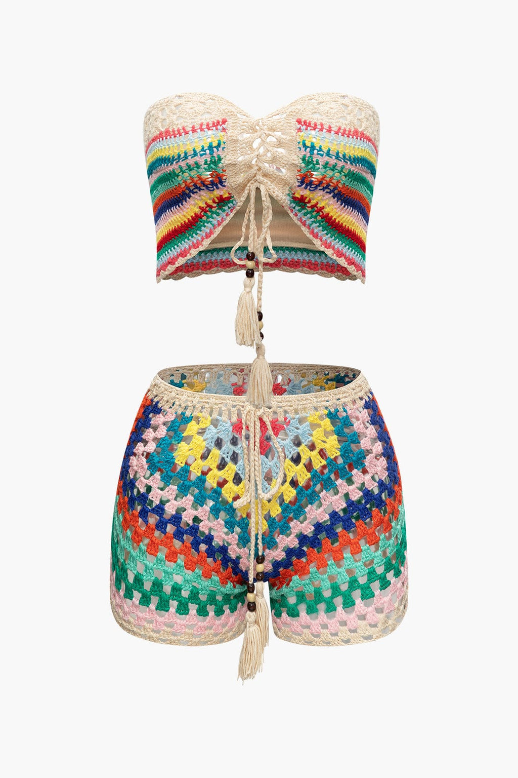Boho Knit Bustier and Shorts Set in Beige for Summer Beach