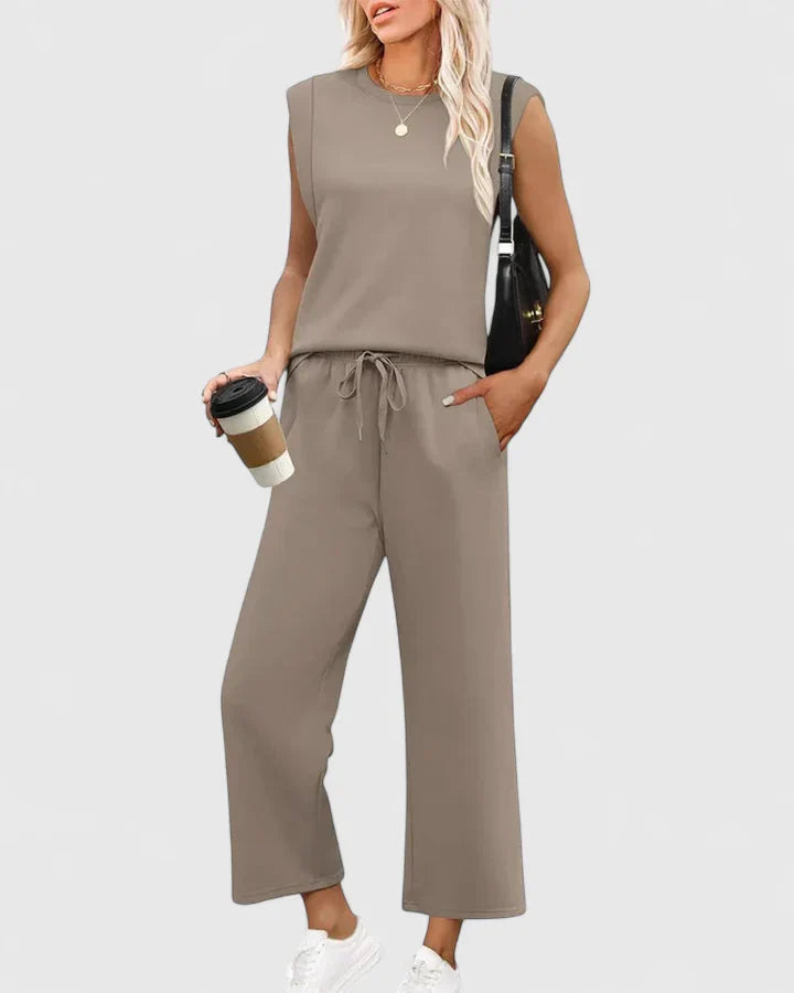 Dusty Blue Knit Tank & Drawstring Wide-Leg Pants Set