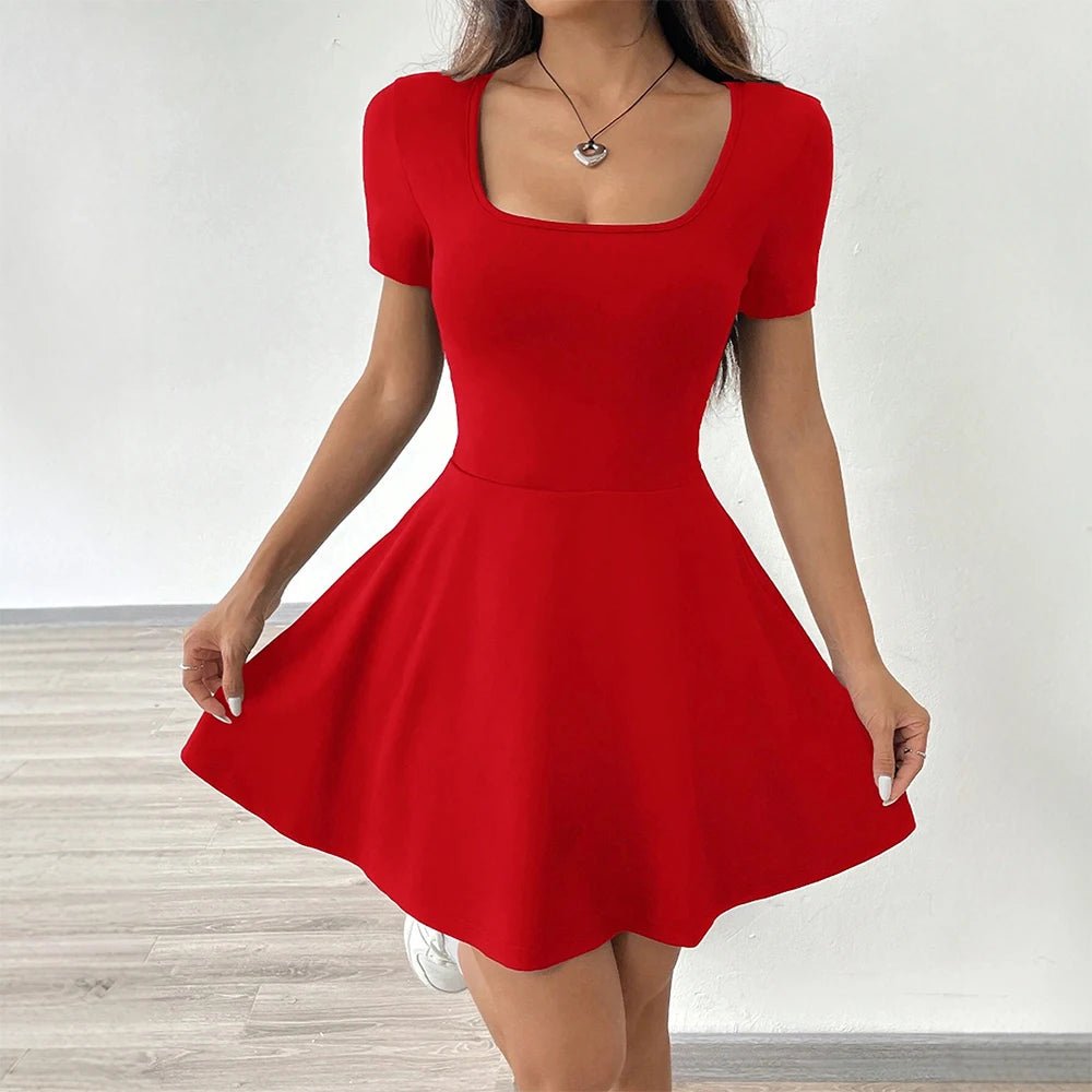 A-Line Mini Dress for Women with Square Neckline and Short Sleeves – Elegant Summer Style