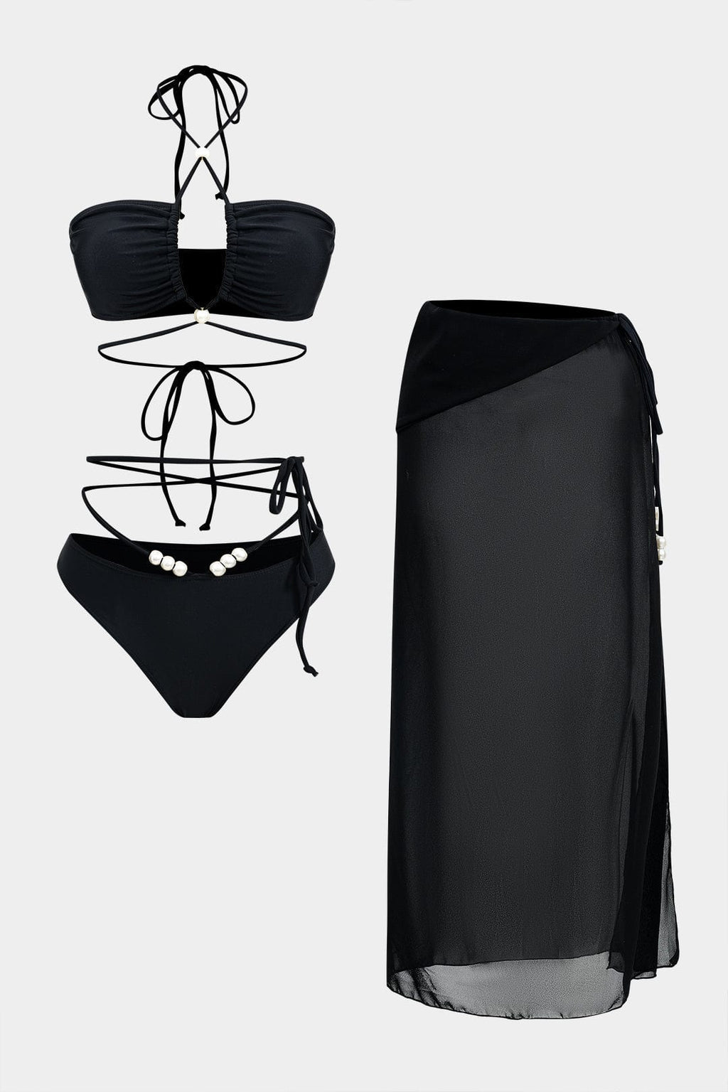 Three-Piece Bikini Set in Black with Wrap Sarong Cover-Up