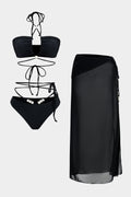 Three-Piece Bikini Set in Black with Wrap Sarong Cover-Up