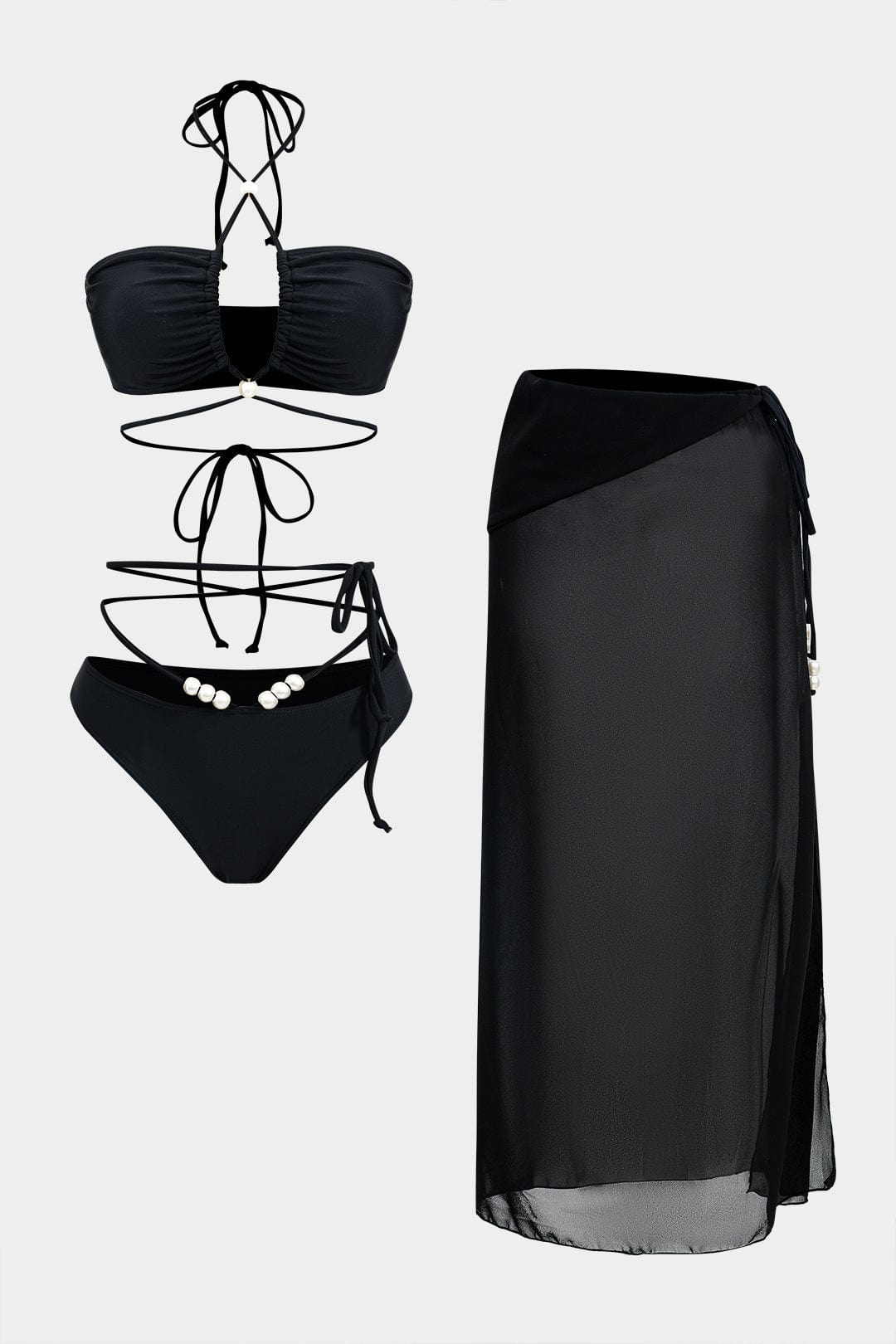 Three-Piece Bikini Set in Black with Wrap Sarong Cover-Up
