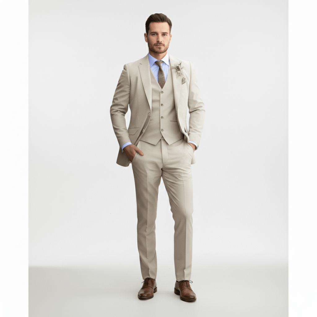 Men's Suit for Weddings Beige – Elegant Three-Part Blazer, Pants, and Vest for Formal Occasions