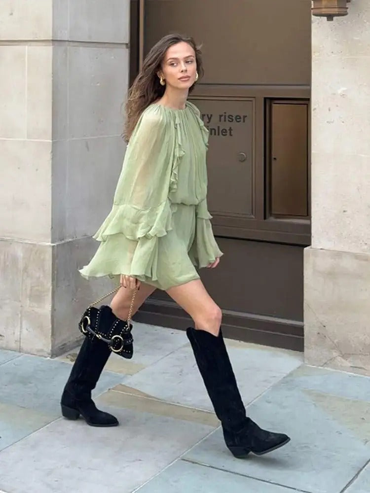 Chiffon Pleated Mini Dress in Olive for Women Summer Outings