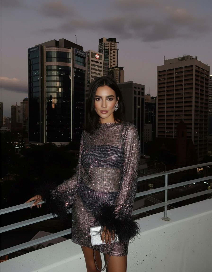 Shimmering Mini Dress for Evening Events with V-Neckline Detail