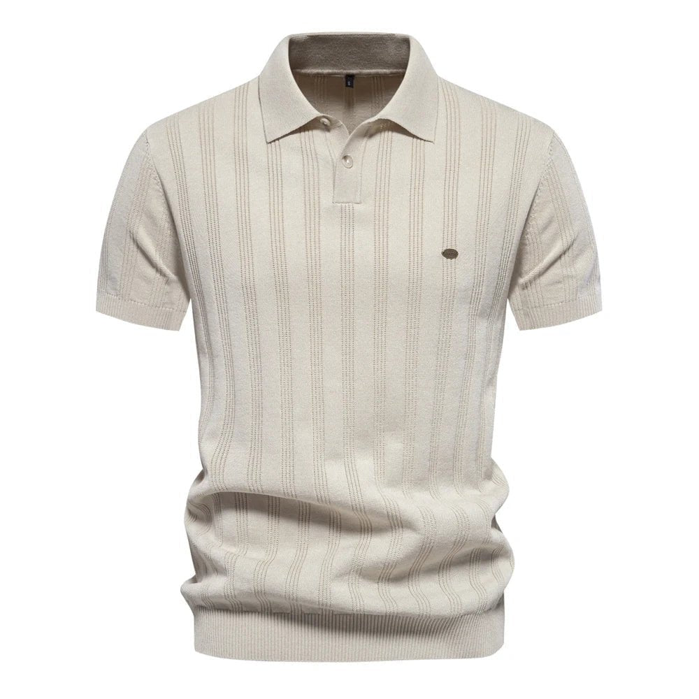 Men's Polo Shirt - Long Sleeve Knitted Design with Striped Pattern for Smart Casual Wear
