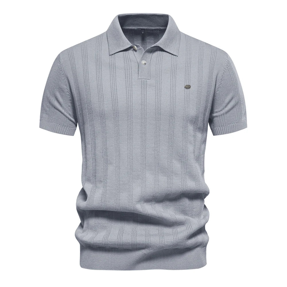 Men's Polo Shirt - Long Sleeve Knitted Design with Striped Pattern for Smart Casual Wear