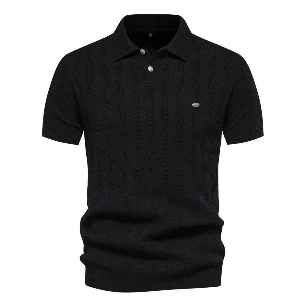 Men's Polo Shirt - Long Sleeve Knitted Design with Striped Pattern for Smart Casual Wear