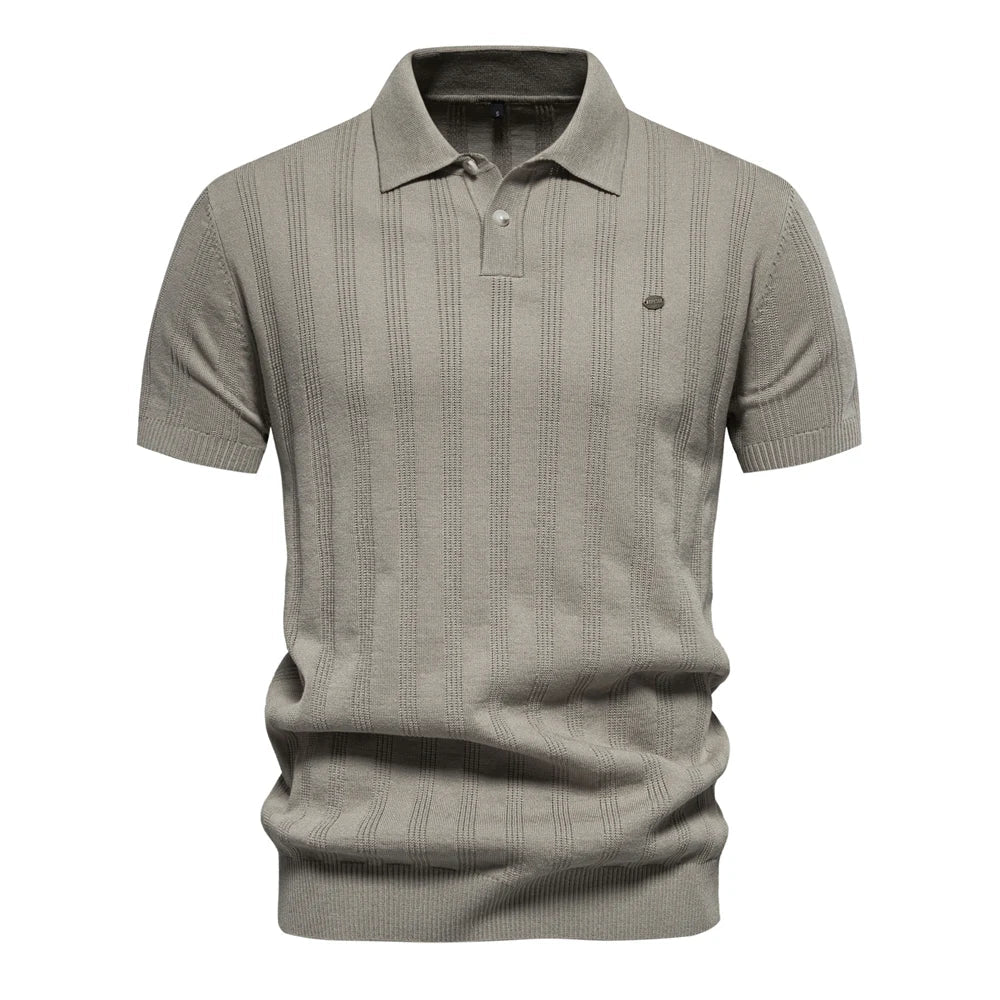 Men's Polo Shirt - Long Sleeve Knitted Design with Striped Pattern for Smart Casual Wear