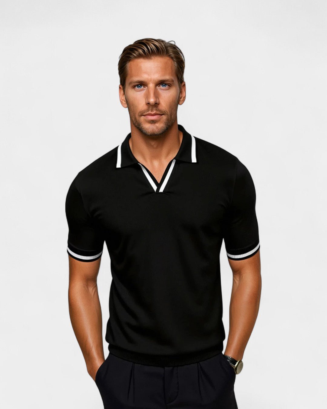 Men's Polo Shirt with Open Collar and Contrast Closures – Modern Sporty Style for Casual Wear