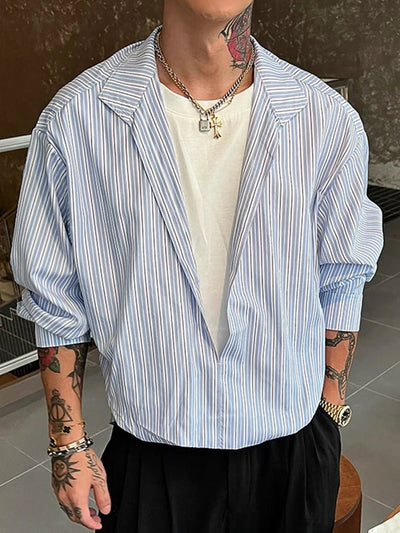 Men's Shirt with Long Sleeve, V-Neck and Patchwork Design – Stylish Striped Streetwear Top