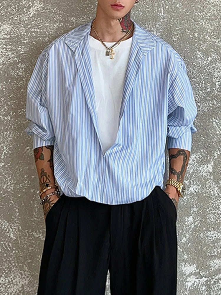 Men's Shirt with Long Sleeve, V-Neck and Patchwork Design – Stylish Striped Streetwear Top