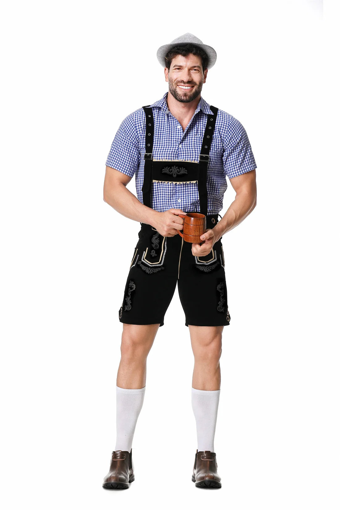 Men's Oktoberfest Trachten Set with Lederhosen, Checkered Shirt, and Hat 1