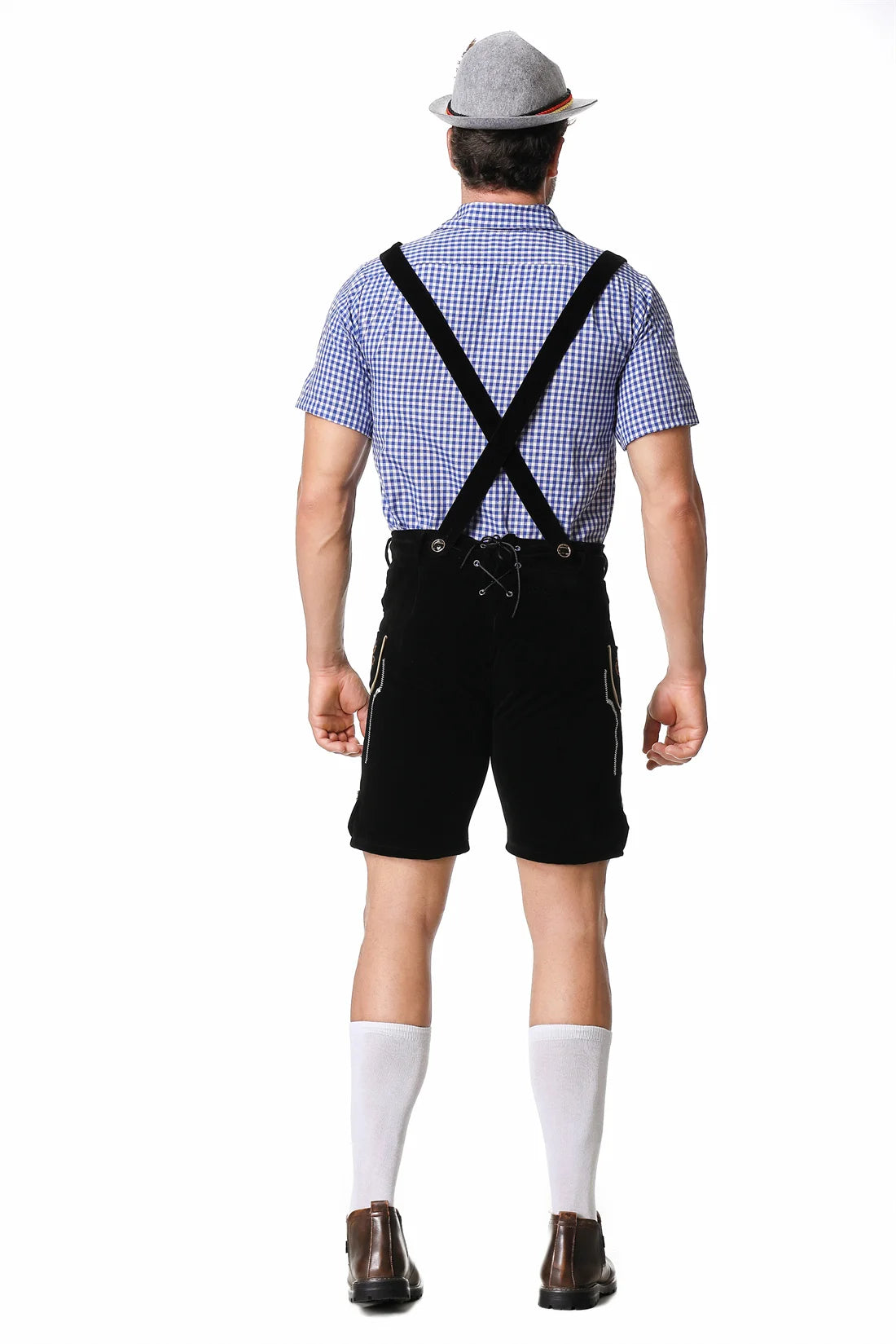 Men's Oktoberfest Trachten Set with Lederhosen, Checkered Shirt, and Hat 2