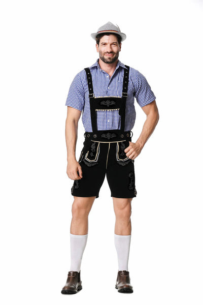 Men's Oktoberfest Trachten Set with Lederhosen, Checkered Shirt, and Hat 3