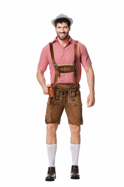 Men's Oktoberfest Trachten Set with Lederhosen, Checkered Shirt, and Hat 4