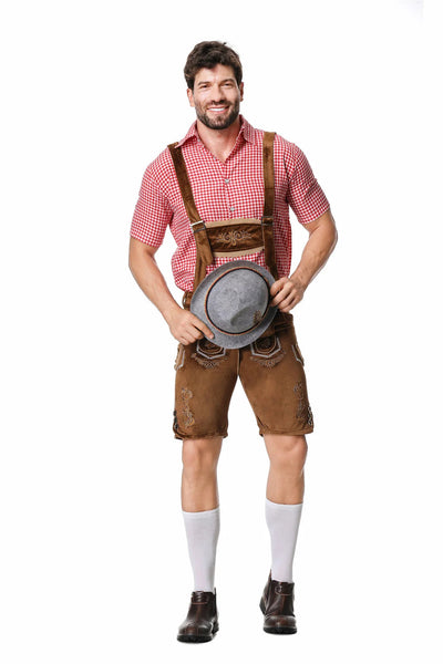 Men's Oktoberfest Trachten Set with Lederhosen, Checkered Shirt, and Hat 5