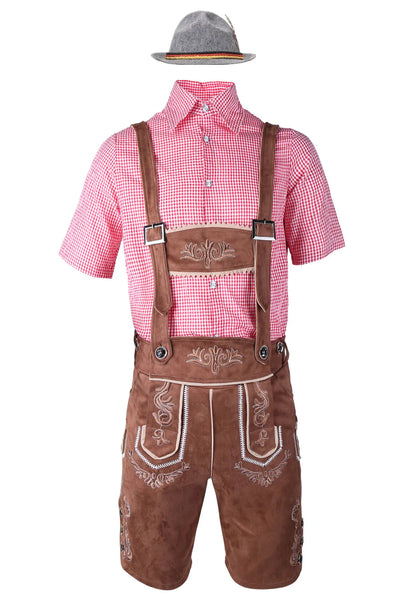 Men's Oktoberfest Trachten Set with Lederhosen, Checkered Shirt, and Hat 6