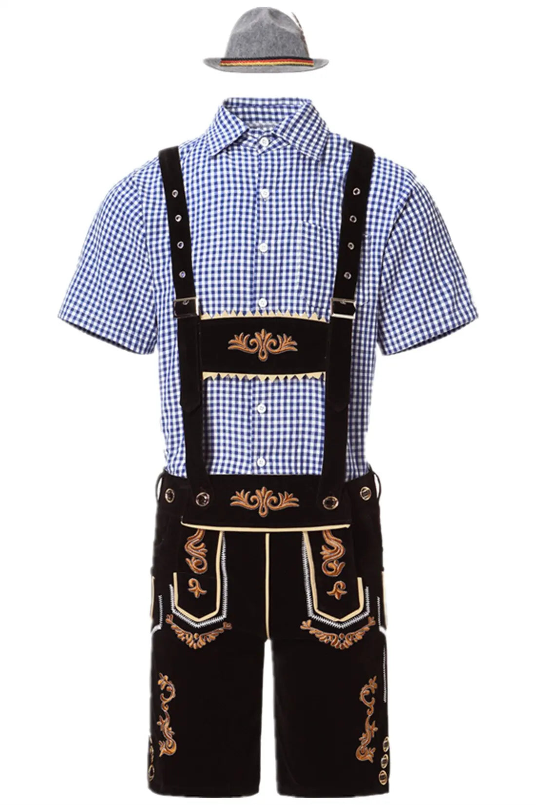 Men's Oktoberfest Trachten Set with Lederhosen, Checkered Shirt, and Hat 7