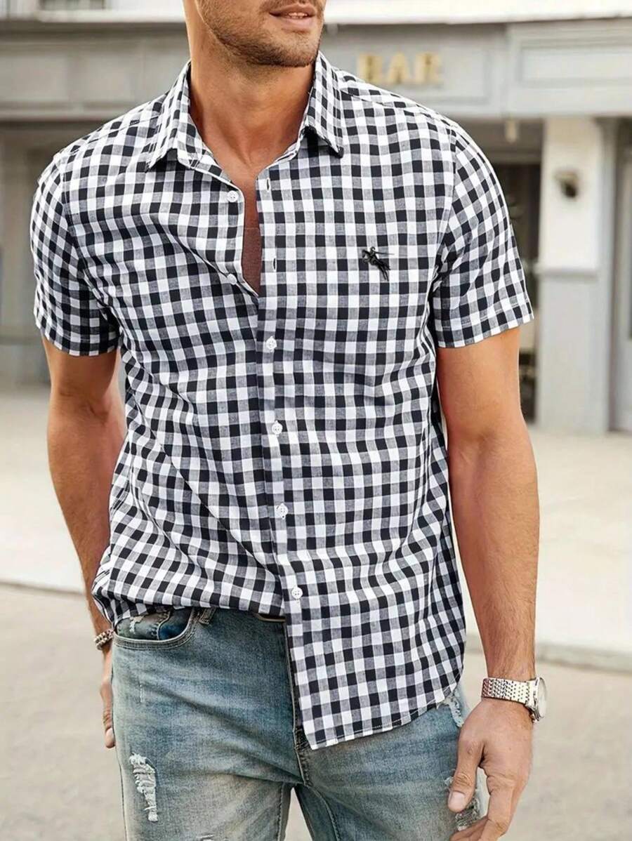 Men's Shirt Red-White Checkered Short Sleeve Oktoberfest Casual 0