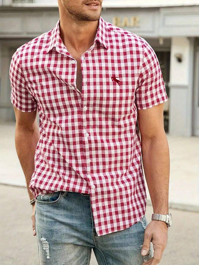 Men's Shirt Red-White Checkered Short Sleeve Oktoberfest Casual 1