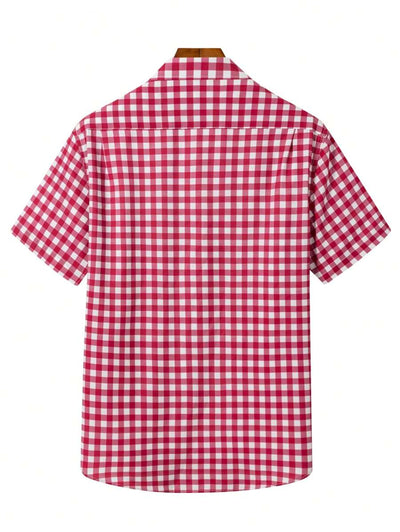 Men's Shirt Red-White Checkered Short Sleeve Oktoberfest Casual 2