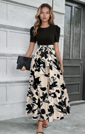 Floral Maxi Dress in Black with V-Neck for Women Summer